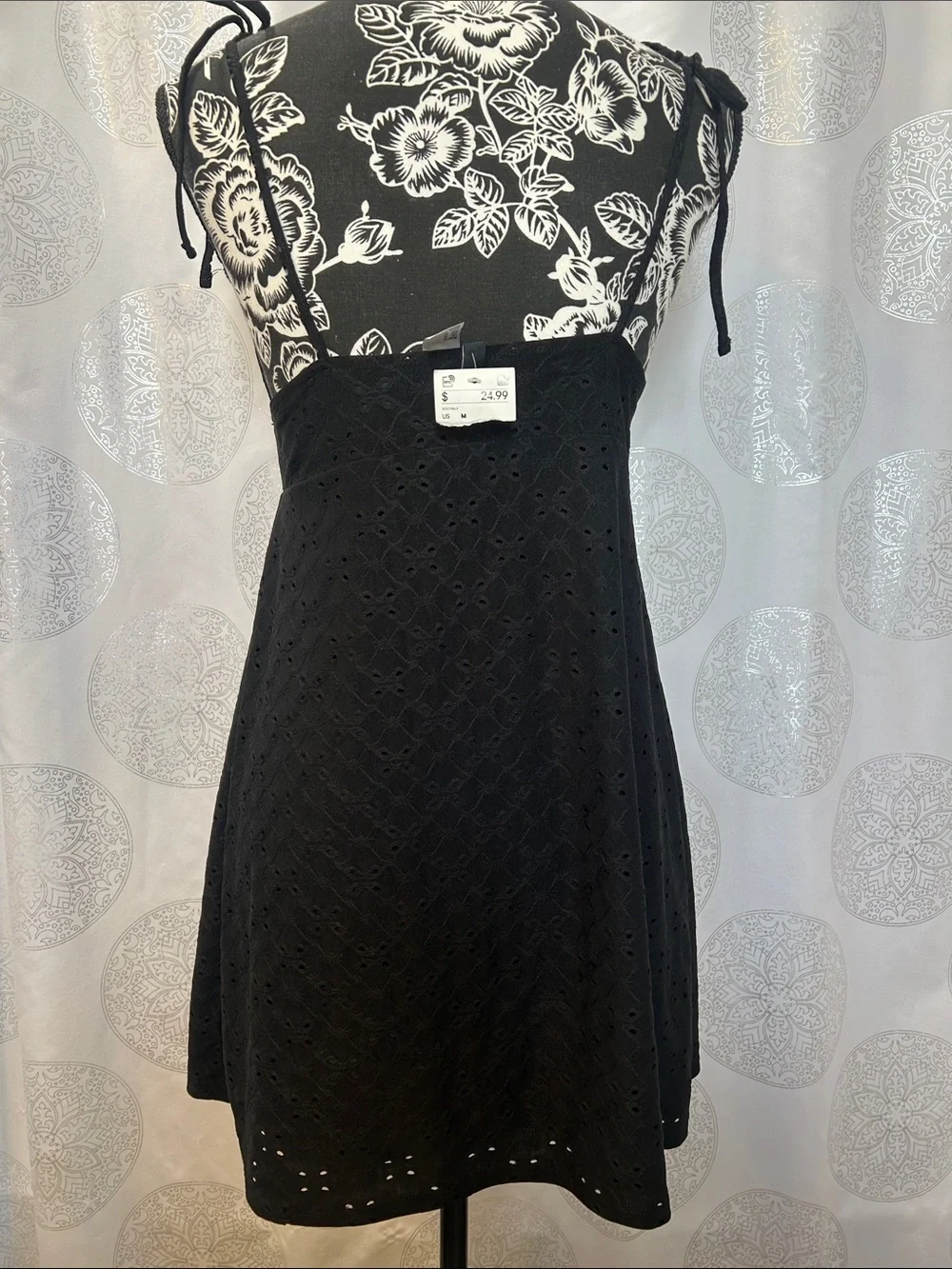 H&M Eyelet Mini Dress Black Ties Women  NWT Medium M